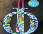 Hand Painted 9 inch Phi wooden birch letter inspired by Lilly Pulitzer Nautical Sailboat You Gotta Regatta Print with Pink Ribbon