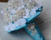 Vintage Bridal Brooch Bouquet - Pearl Rhinestone Crystal - Silver Tiffany Teal Blue White -One Day RUSH ORDER Available - BB003LX