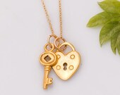 CLEARANCE - Gold Heart and Key Necklace - Heart Lock Charm Necklace - Love Necklace