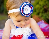 Baby Headband- 4th of July Headband- Red White and Blue Flower with Rhinestone Button on White Elastic Headband