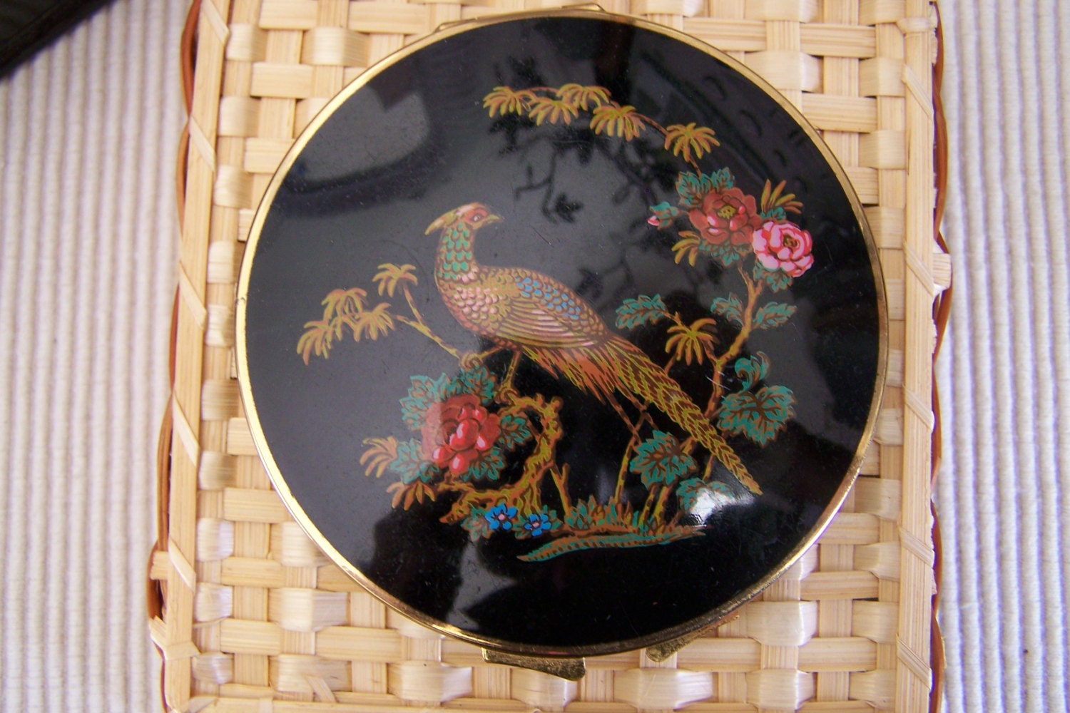 Vintage 60's  "STRATTON DOUBLE - MIRROR Compact"  Gold-toned Pheasant Bird with Flower Pattern Scene Double Sided Mirror