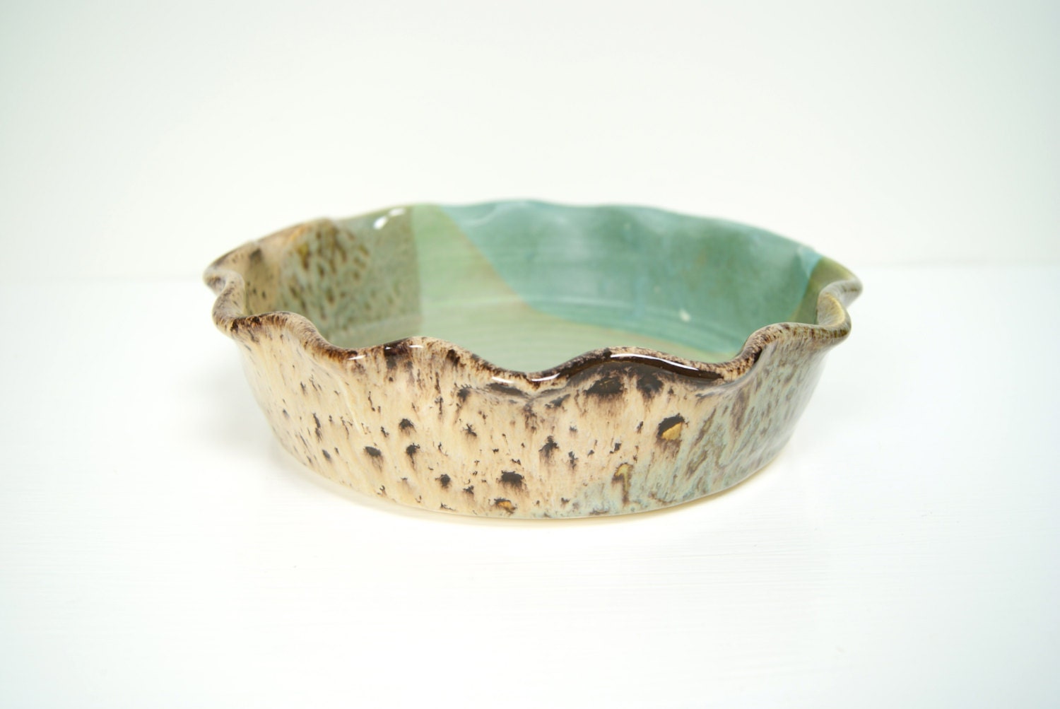 9" Deep Dish Pie Plate / Handmade Pottery / Blue Green Caramel Cream