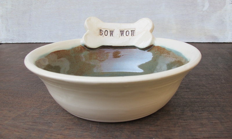 Ceramic Dog Bowl "Bow Wow" // Handmade Pottery Pet Dish // Doggie Bowl in Desert Sage and White