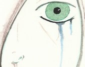 Sad, Crying Girl, Original ACEO, Artist Trading Card, ATC. Tears. Depressed