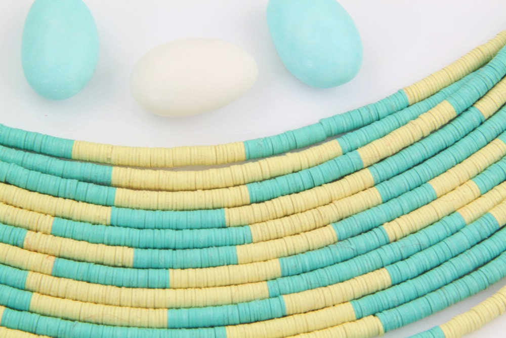 Vintage African Vinyl (Vulcanite) Record Disc Beads or Necklace, Green & Yellow Color Blocks, 4x.5mm