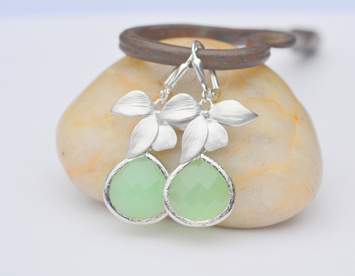 Silver Orchid and Large Mint Green Teardrop Drop Earrings. Mint Dangle Earrings. Jewelry Gift for Her.  Free Shipping.