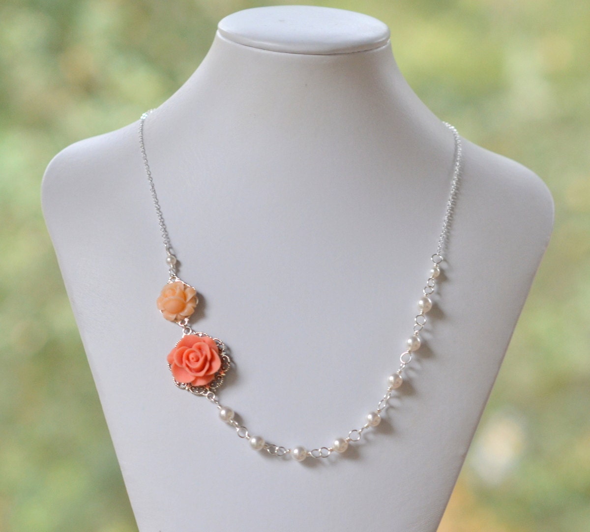 Dainty Coral and Peach Rose Asymmetrical Bridesmaid Necklace with White Swarovski Pearls. Coral Bridal Party Jewelry.