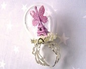 Ring glass globe Pink Eiffel Tower with wings of butterfly -Terrarium ring