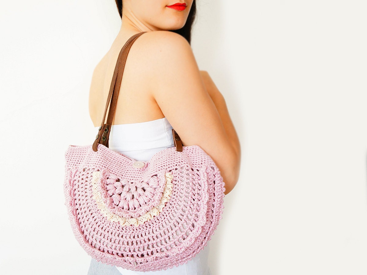 Pink summer bag- Handbag Celebrity Style With Genuine Leather Straps / Handles shoulder bag-crochet bag-hand made