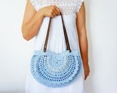 Blue summer bag- Handbag Celebrity Style With Genuine Leather Straps / Handles shoulder bag-crochet bag-hand made