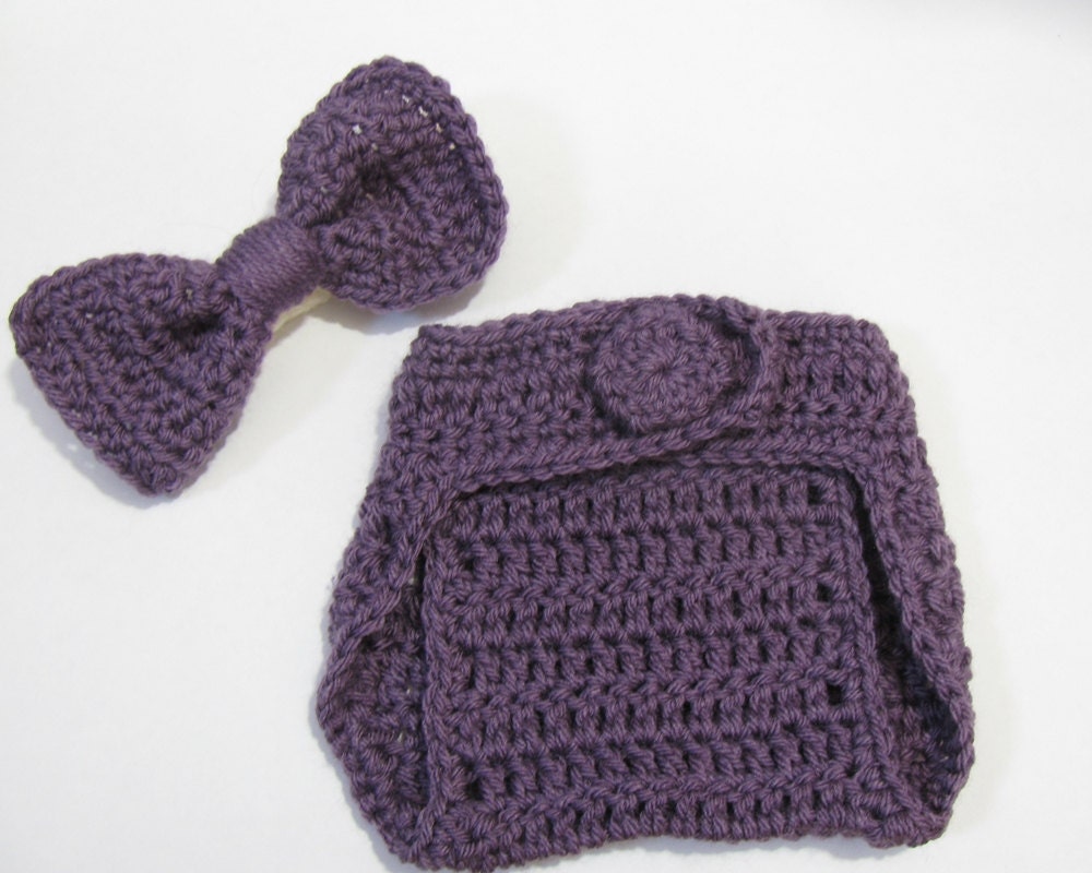 Crochet HeadBand and Diaper Cover Big Bow HairBand Baby Girl Gift, 0-3, 3-6, 6-12, Newborn Photography Prop, Baby Shower Gift Purple
