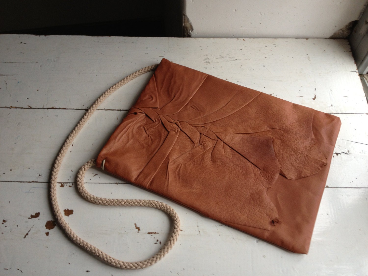 Cognac Leather Tote with Pleated Detail and Rope Strap - Ready to Ship