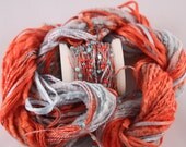 Beaded Embroidery thread coordinated seed beads sequins aqua blue and bright red ribbon boucle beaded yarn hand dyed