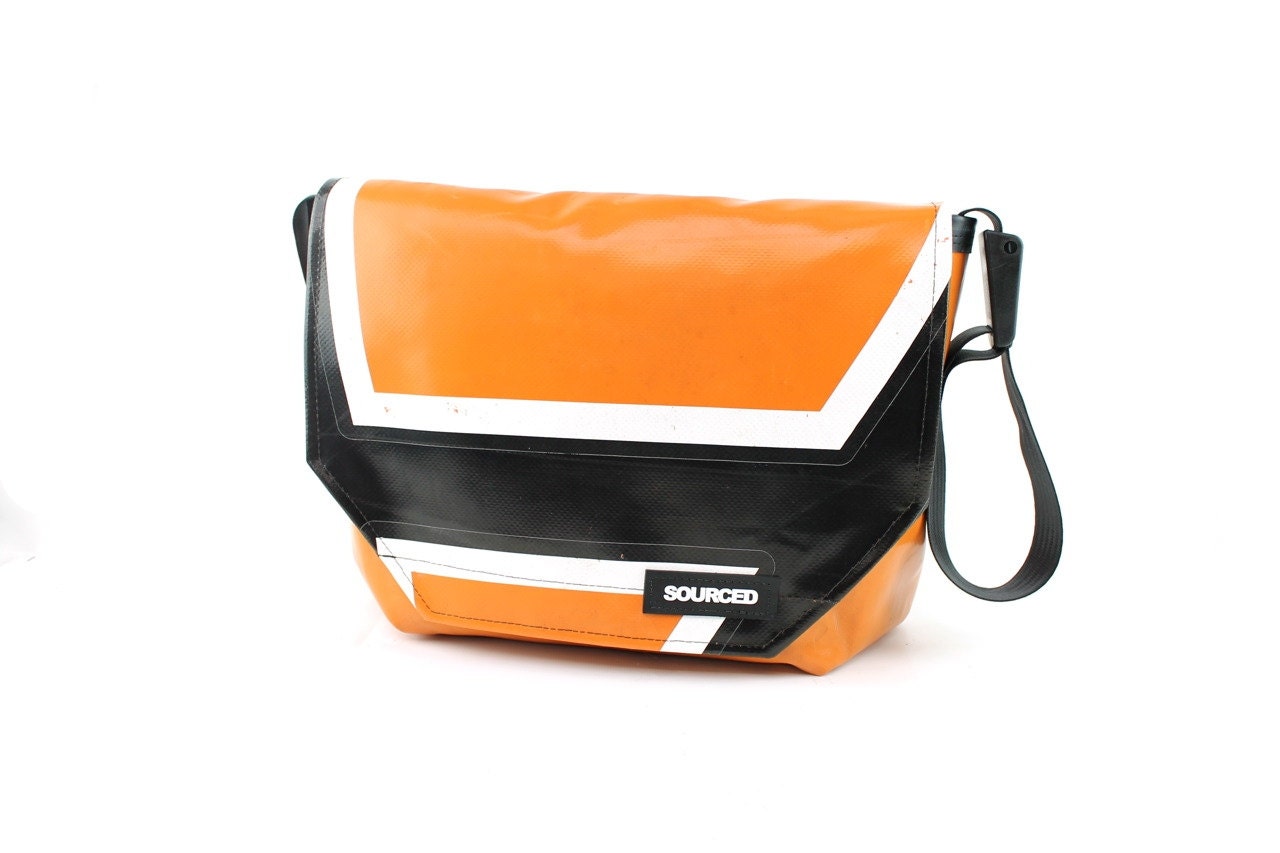 Large Courier Bag, Waterproof Messenger Bag made from Truck Tarp, Seatbelt Strap, Eco Friendly and Handmade, Orange & Black (L18.18)