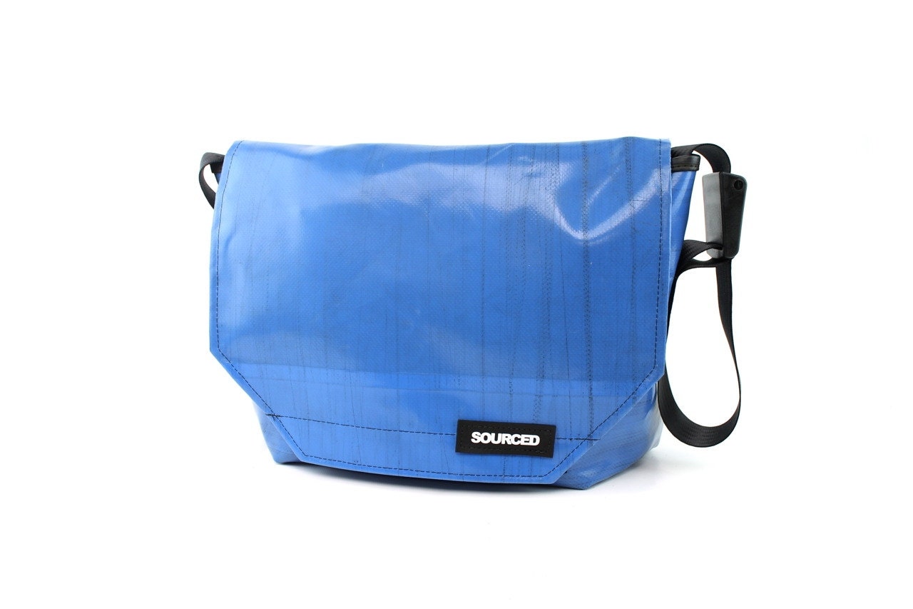 Large Courier Bag, Waterproof Messenger Bag made from Truck Tarp, Seatbelt Strap, Eco Friendly and Handmade, Cornflower Blue (19.03)