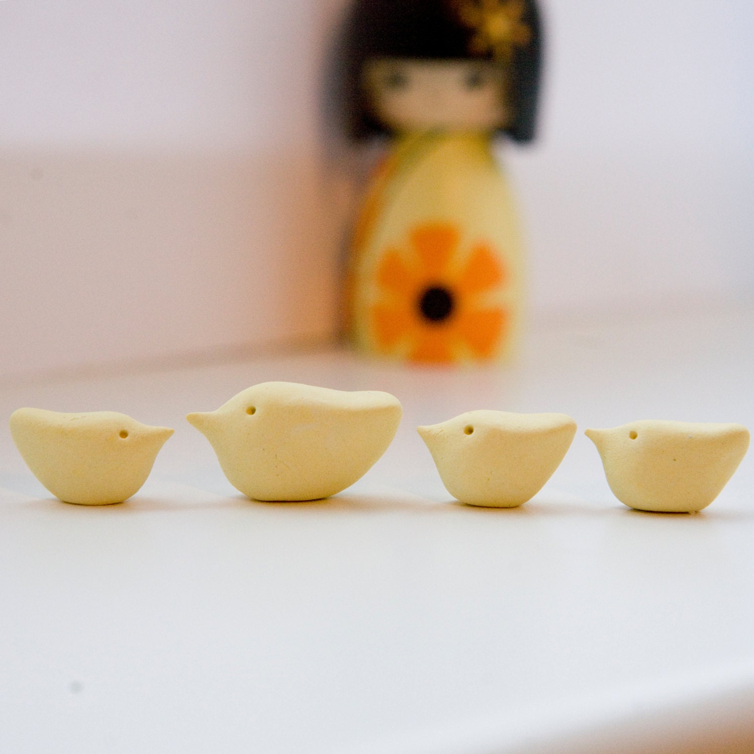 Yellow chicks tiny little miniature bird sculpture family four ceramic birds