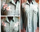 Mint and White Rose Flower Embroidered Western