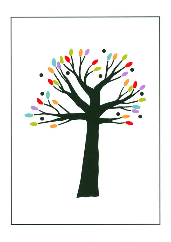 7" x 5"  Small Art Illustration Print Stylised Tree Colored Leaves Black Multicolored Contemporary