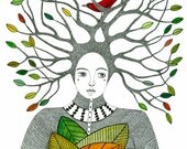 Original Painting Ink Watercolor Illustration Green Multicolored Leaves Tree Bird Woman Contemporary Art Folk Nature Narrative