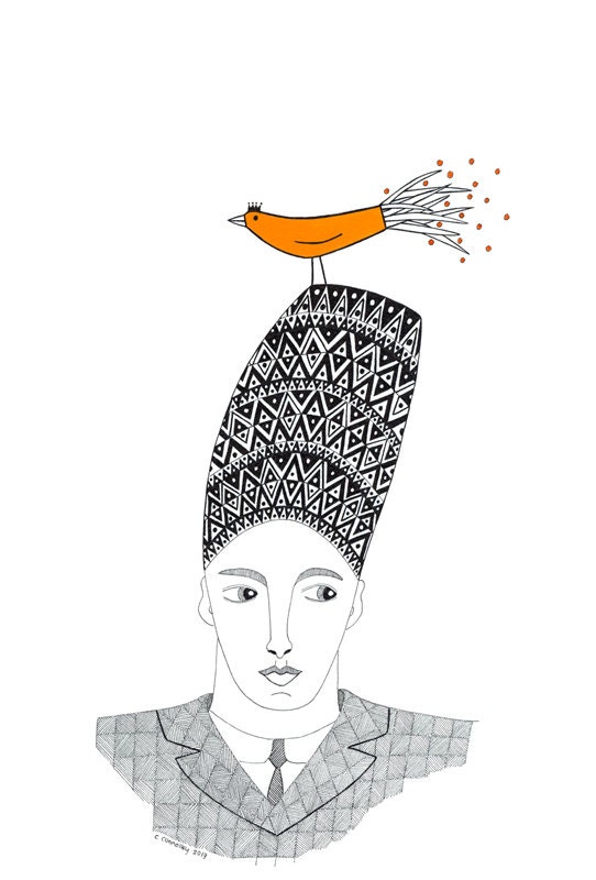 Original Art Drawing Illustration Pen and Ink Watercolor Portrait Man With Hat Bird On Head Whimsical Monochrome Black And White