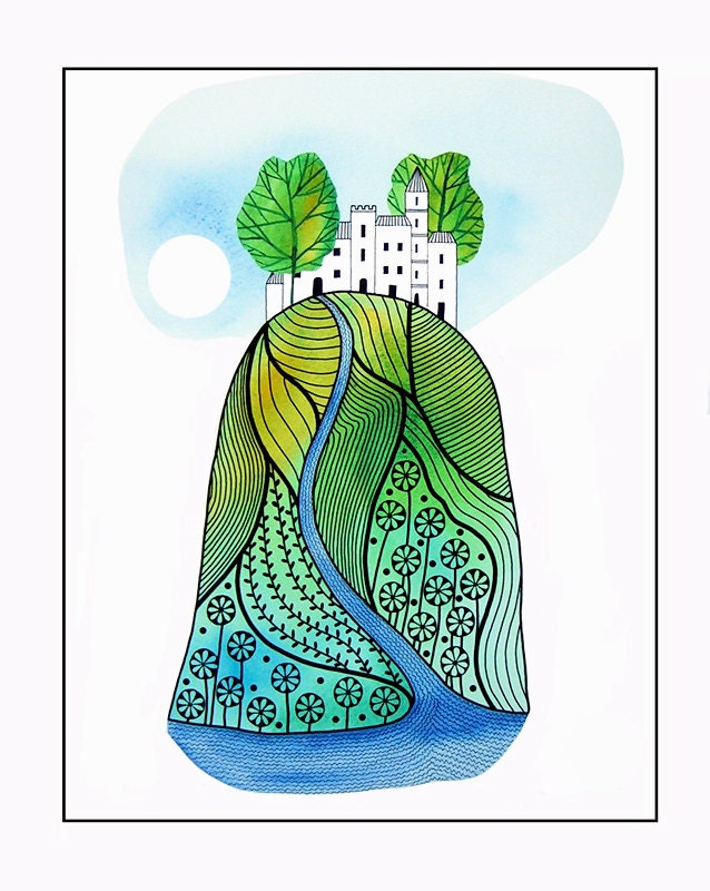 10" x 8" Watercolor Painting Print Green White Blue Landscape Hill Buildings Trees Illustration Drawing Stylised