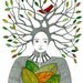 Original Painting Ink Watercolor Illustration Green Multicolored Leaves Tree Bird Woman Contemporary Art Folk Nature Narrative