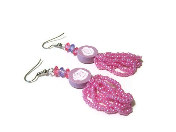 Pink Seed Bead and Polymer Clay Beaded Rose Earrings