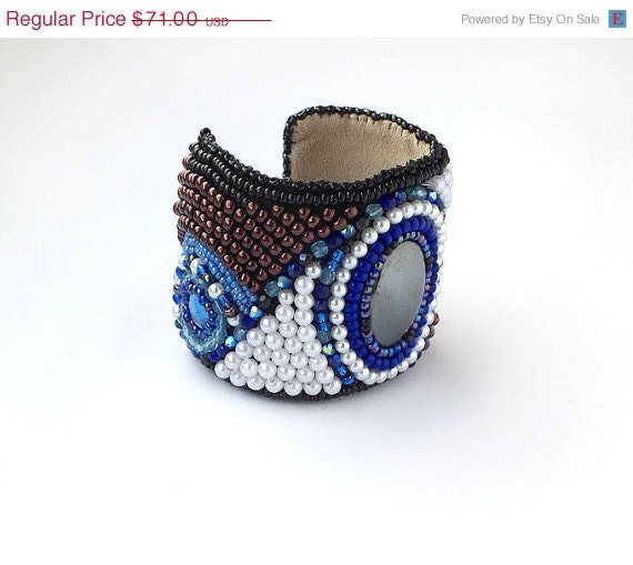SUMMER SALE Bead embroidered cuff bracelet, beads embroidery beadwork bracelet, beaded bracelet cuff with hematite, brown, blue, white, bea