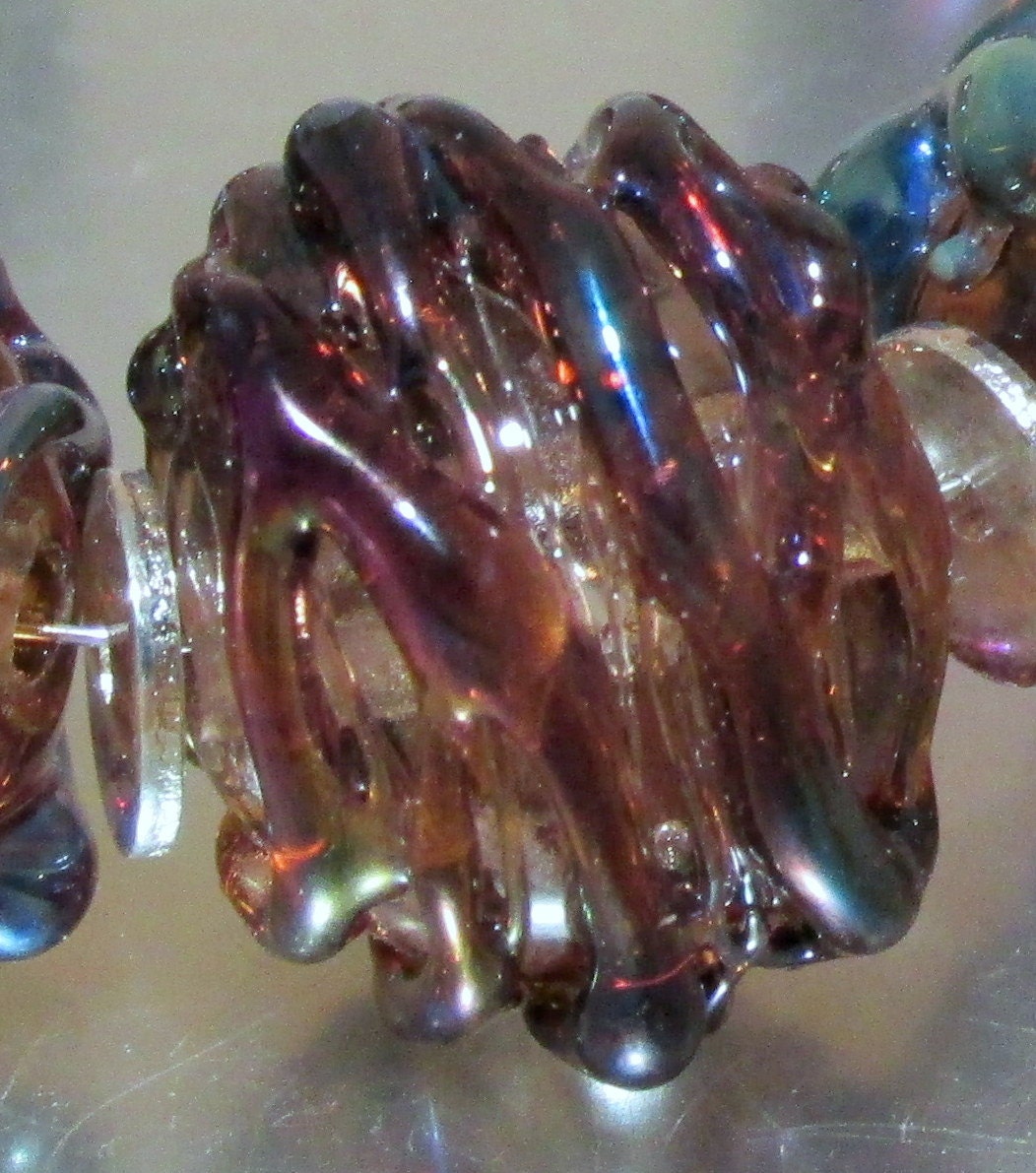 Handmade Fumed Golden Round Lampwork Beads with Metallic Blus and Purple (10)- Nuance Collection-All Fired Up Studio-leteam