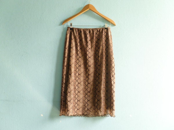 Vintage snake skin print skirt / brwon beige / semi sheer / fitted / midi length / medium