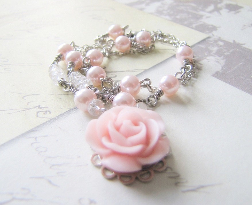 Pink Necklace Victorian Flower Necklace Pearl and Crystal Vintage Necklace Bridesmaids Jewelry Wedding Accessories