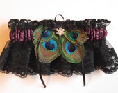 Bridal Wedding Garter, Purple Satin Garter, Black Lace Garter, Peacock Feather Garter, Steampunk Garter, Burlesque Garter, Prom Garter
