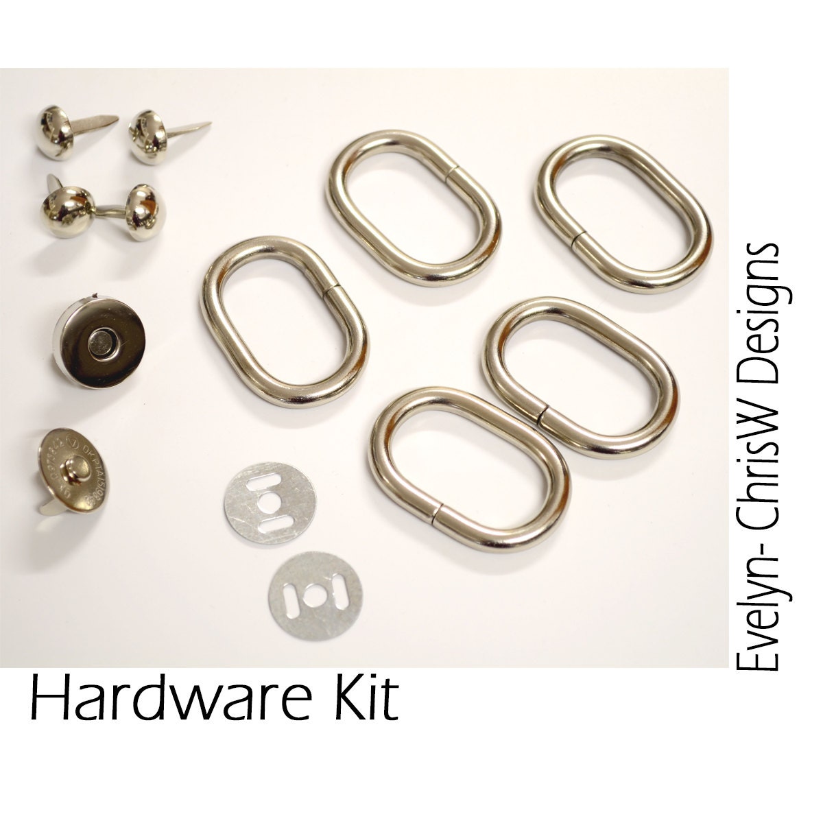 EVELYN Handbag Hardware kit in Nickel - Includes Oval Rings, Magnetic snap and Purse Feet