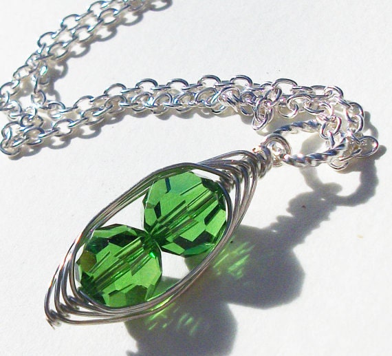 Two Green  Peas In A Pod Necklace STERLING SILVER Green Swarovski Crystals. Ideal Gift For Mom Grandma Or Sisters