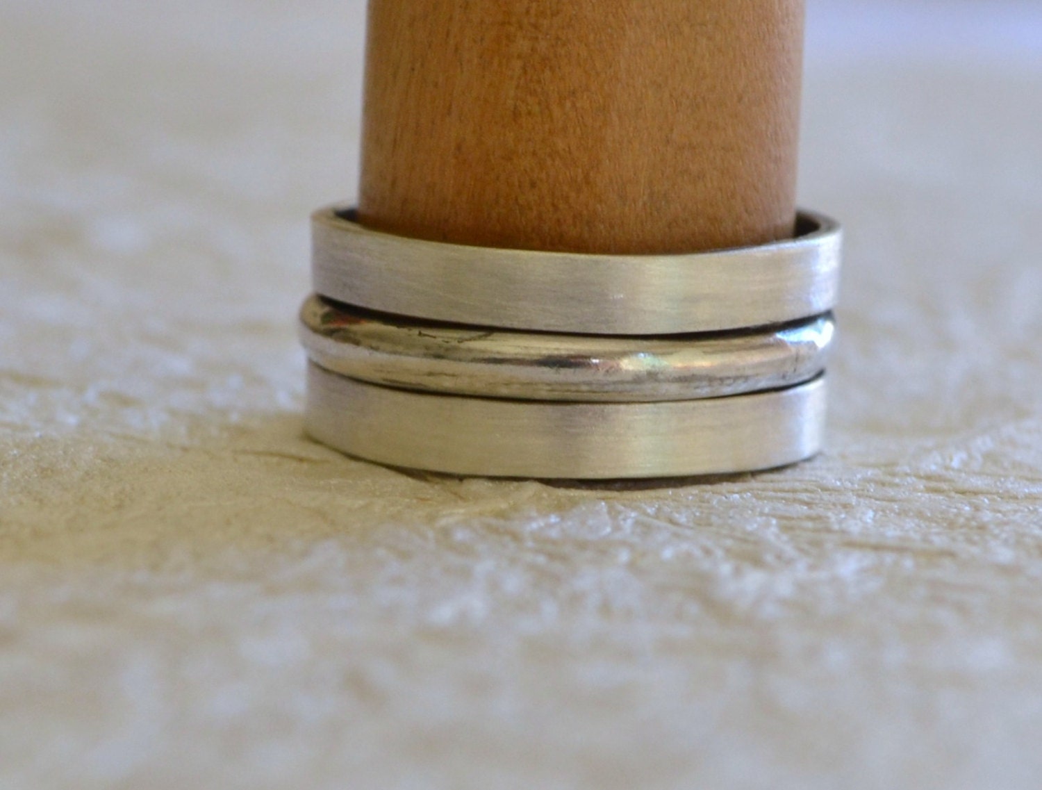 Men's Stacking Silver Rings, 3 Band Set, Brushed and Polished Finishes Size 10