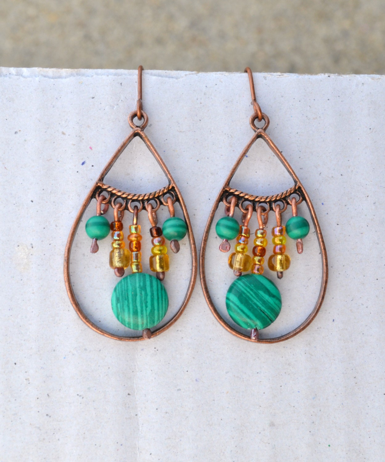 Chandelier Drop Earrings, Green Turqouise and Yellow Beads