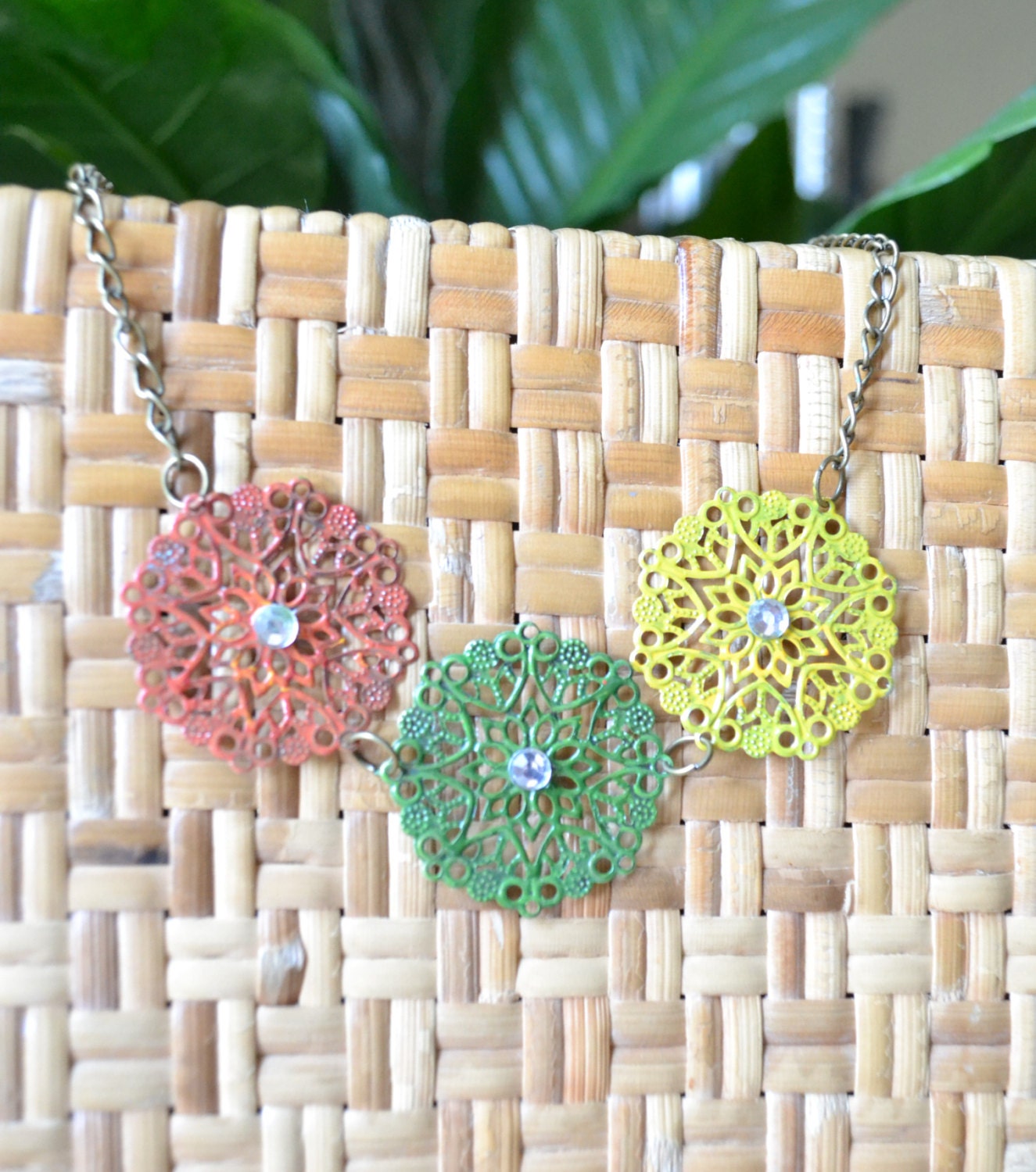 Filigree Enameled Necklace, Citrus Trio, Reversible