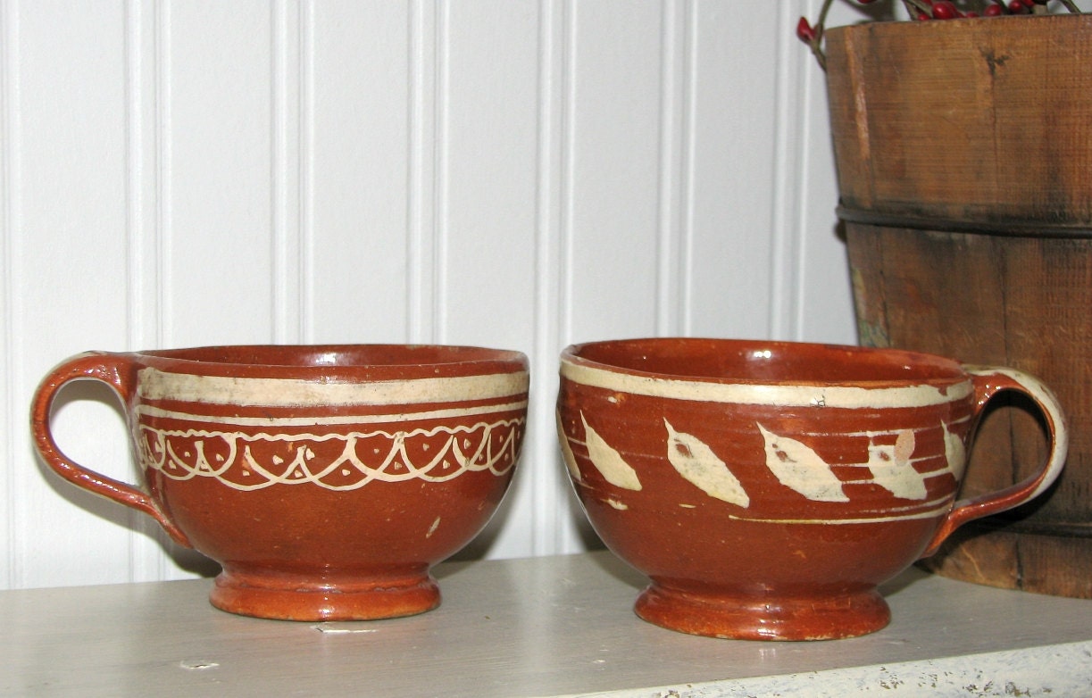 Lot Of 2 Vintage Old Redware Mug Cups - Primitive -