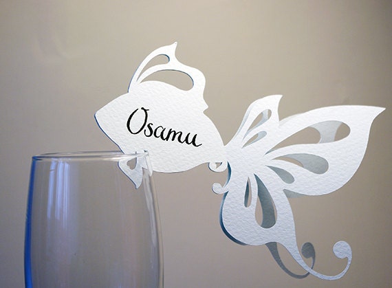 50 Place Cards, Wine Glass Decor, Golden Fish, Original calligraphy, Cutout, Scrapbook, Papercut by Mama Tita