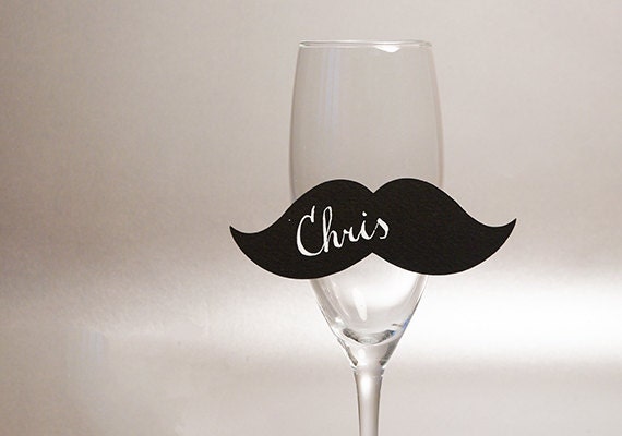 50 Place Cards, Mustache, Wine Glass Decor, Original Calligraphy. Cutout, Scrapbook, Papercut by Mama Tita