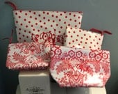 4 Piece Waterproof Oilcloth Cosmetic Bag set in Red -- 2 Small, 1 Medium, 1 Large with Monograms