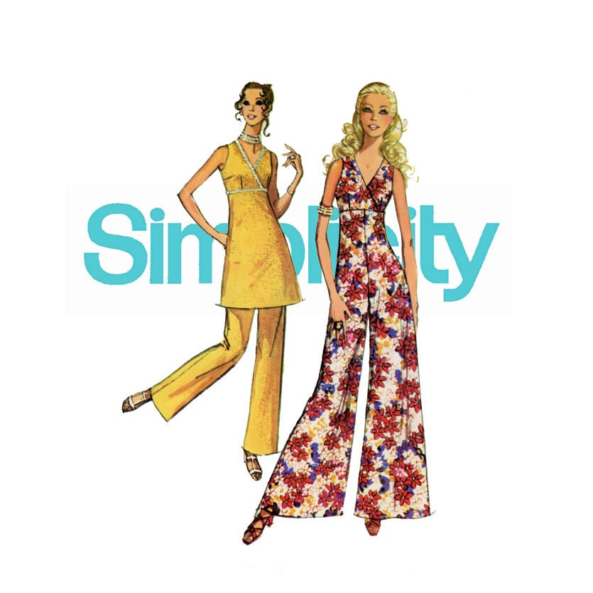 1970s Palazzo Pant Jumpsuit Pattern Simplicity 9418 Bust 32 Womens Vintage Sewing Pattern Misses Sleeveless Mini Dress and Pants