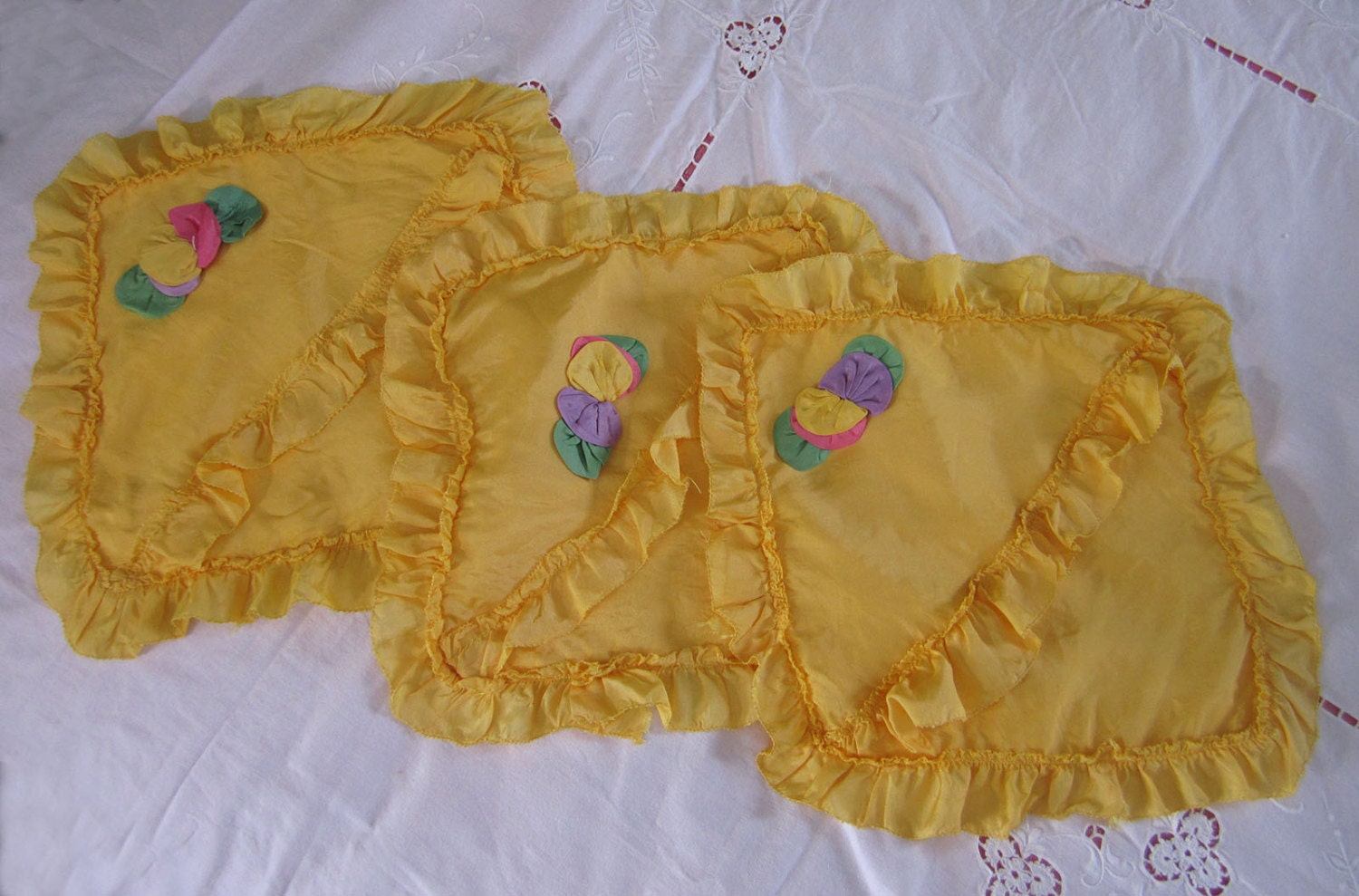 Vintage Boudoir pillows pillowcases - Set of 3 golden yellow ruffled pillows with trim - ca 1940s - Unused