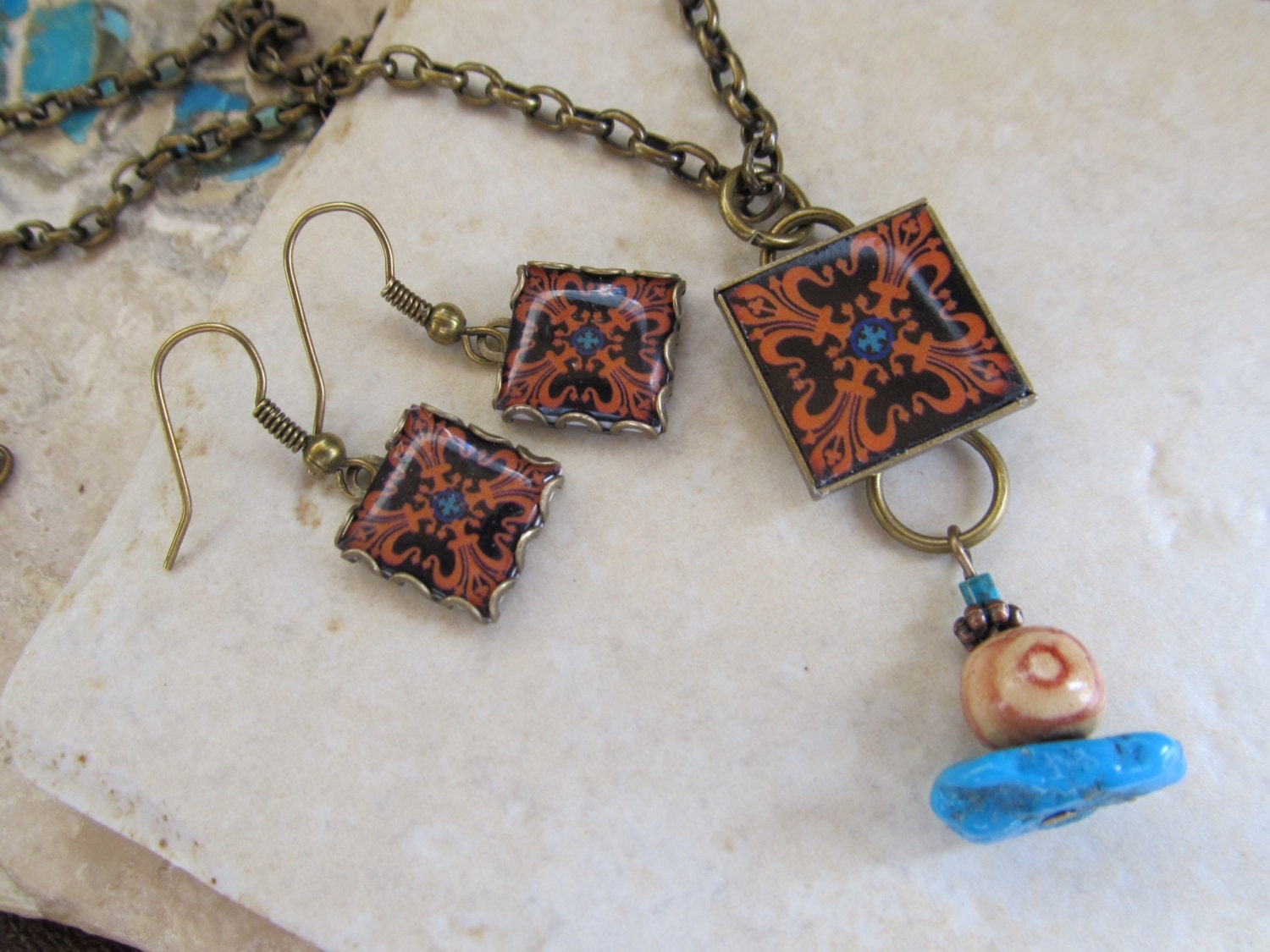 NECKLACE and EARRING Set Mediterranean Style Ceramic Tile Earthenware Pottery Reproduction Pendant Set