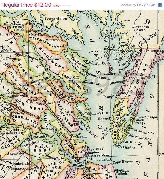 On Sale 15 % Off Antique Map of  Virginia The Old Dominion State 1881 Encyclopaedia Britannica Rare 9th Edition