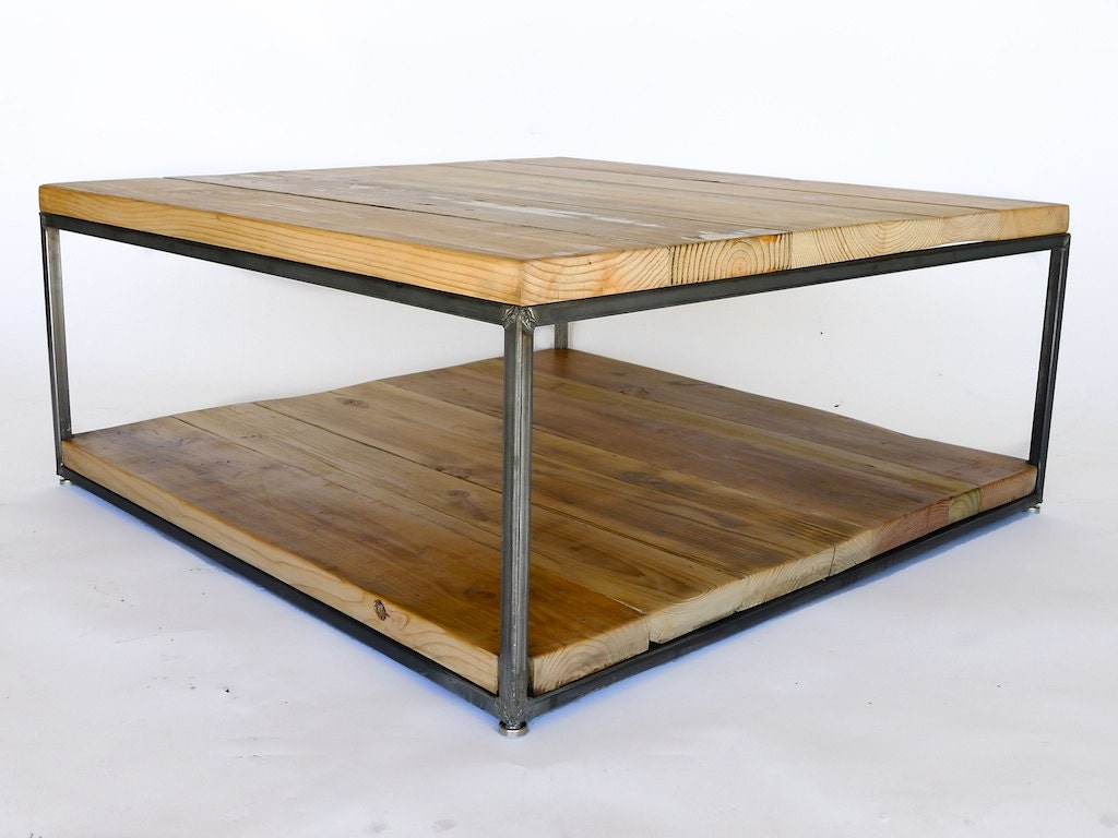 Lonergan Coffee Table with lower shelf reclaimed wood top and welded metal legs // rustic handmade living room accent table