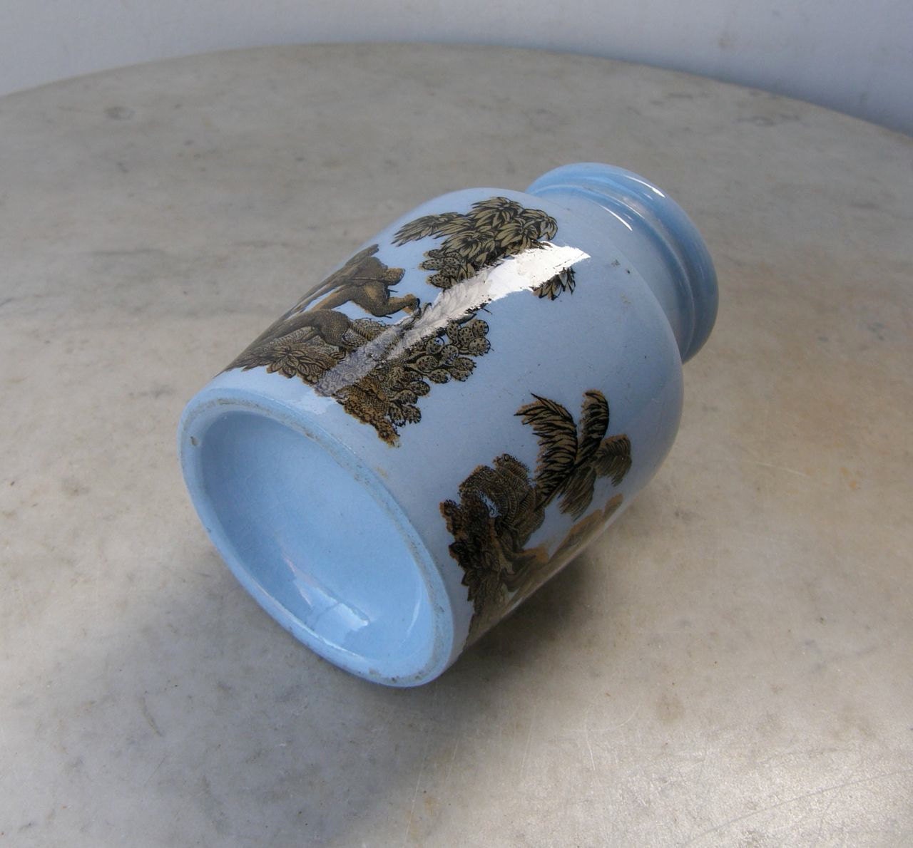 ENGLISH MUSTARD JAR Sky Blue Ceramic Hunting Scenes 1800's