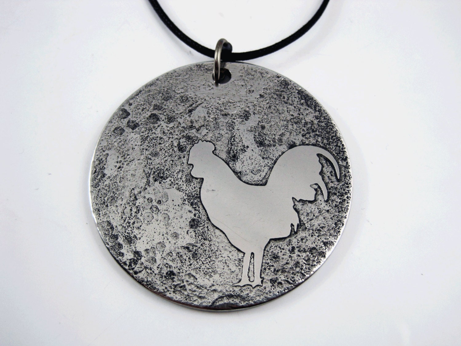 Rooster Pendant - Etched Stainless Steel - Double Sided - Handmade