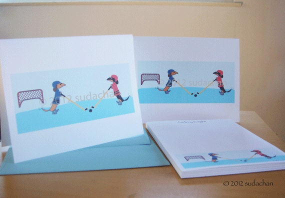 Dachshund Stationery Set - Dachshunds Playing Hockey (8 cards, 1 notepad)