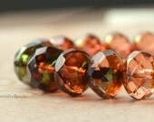 Czech Glass Bead - Brass Picasso - Pink Peach - 10 -  Faceted Rondelles - 6x10mm (cab-351)